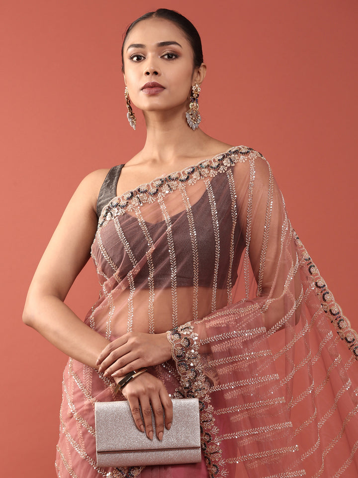 Onion Pink Net Embroidery Saree