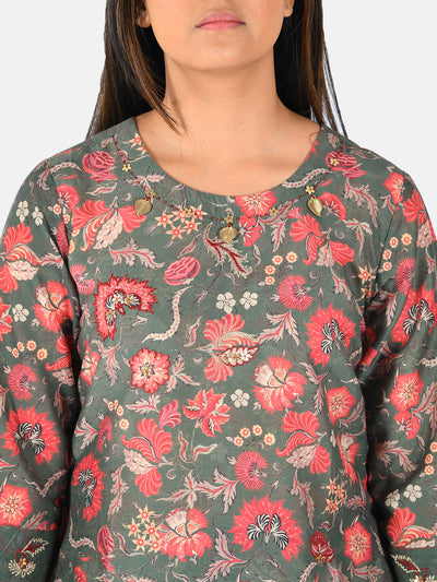 Neerus Women Green Pink Printed A-Line Kurta