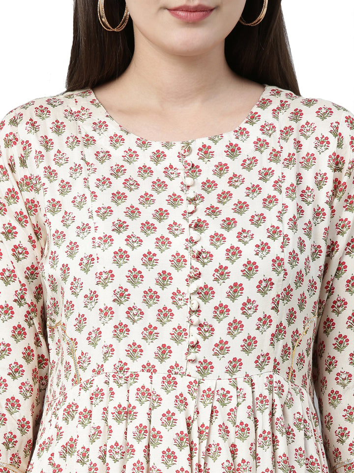 Neerus Women Cream-Coloured Floral Printed Anarkali Kurta