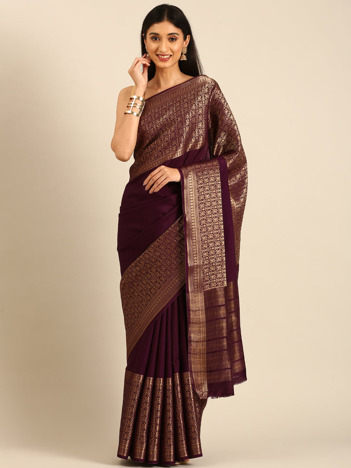 Wine Mysore Crepe Saree With Zari Jaal Border