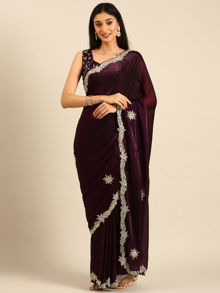 Wine shimmer tissue saree with cut Dana & Swarovski embroidery