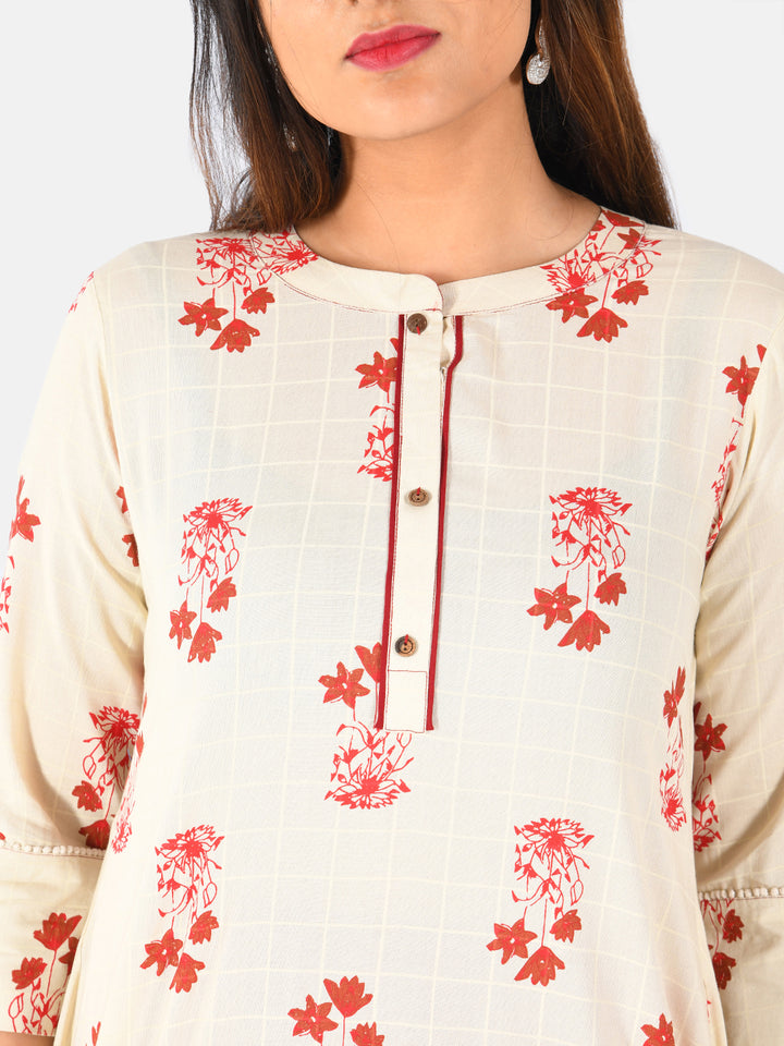 Neerus Beige printed A-Line kurti - detail view 1