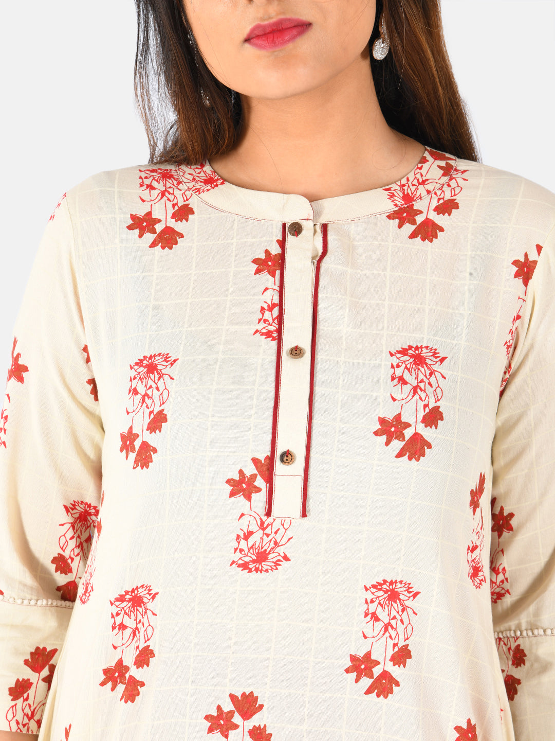 Neerus Women Beige  Red Printed A-Line Kurti