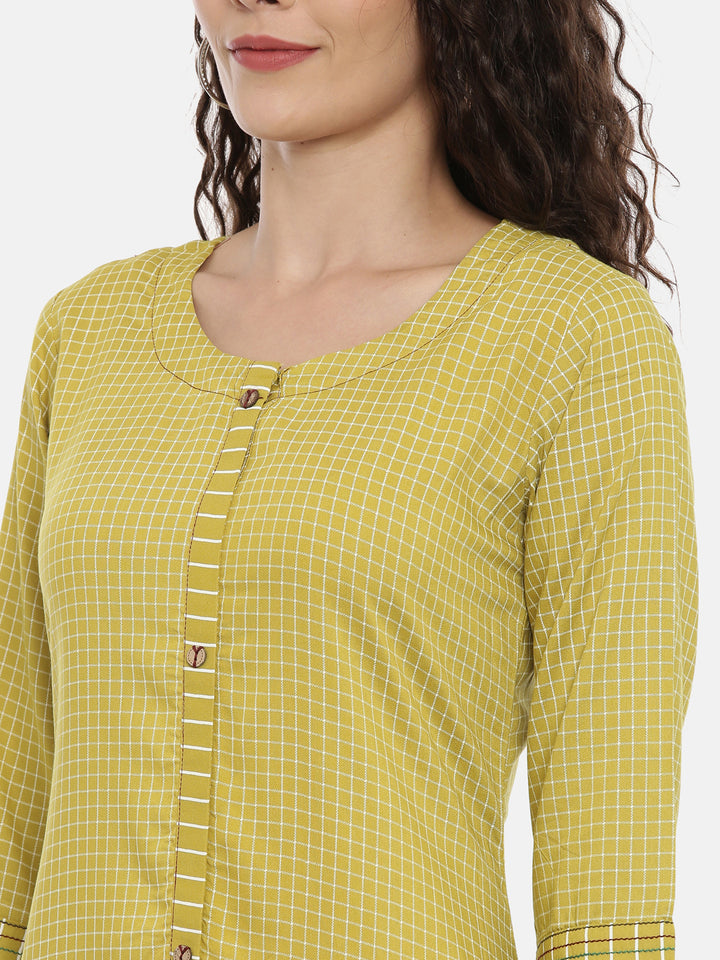 Neerus Women Lime Green White Checked A-Line Kurta