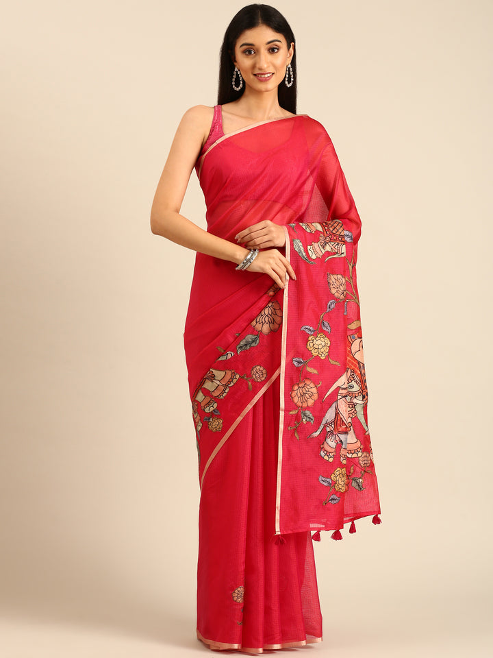 Rani Pink Kota Saree With Kalamkari Appliqué Work On Pallu
