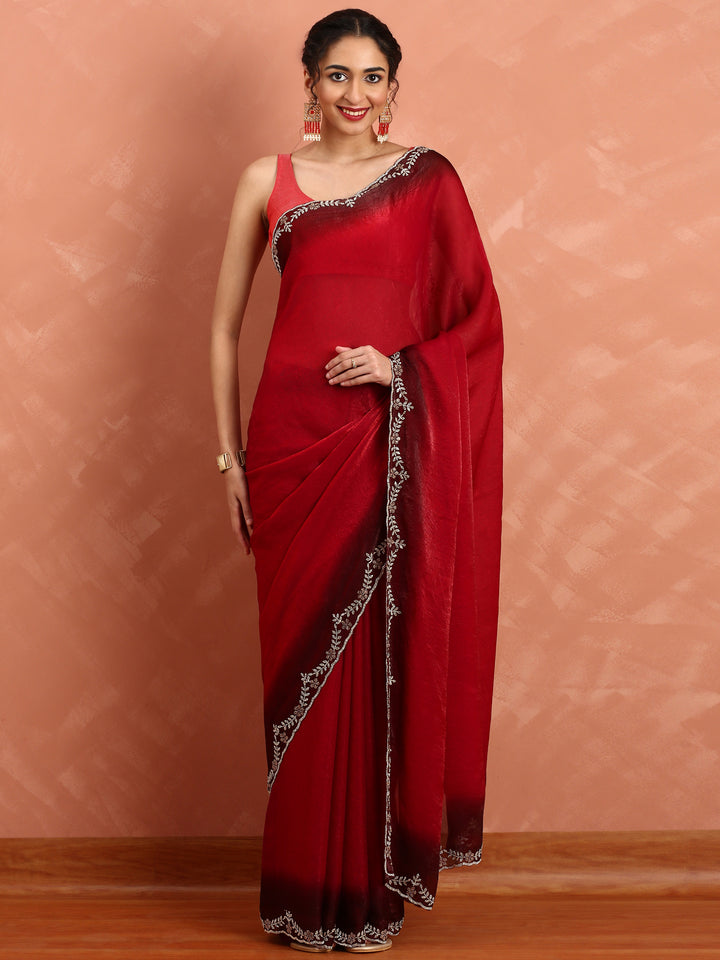 Red Jimmy Tissue Saree With Hand Embroidery