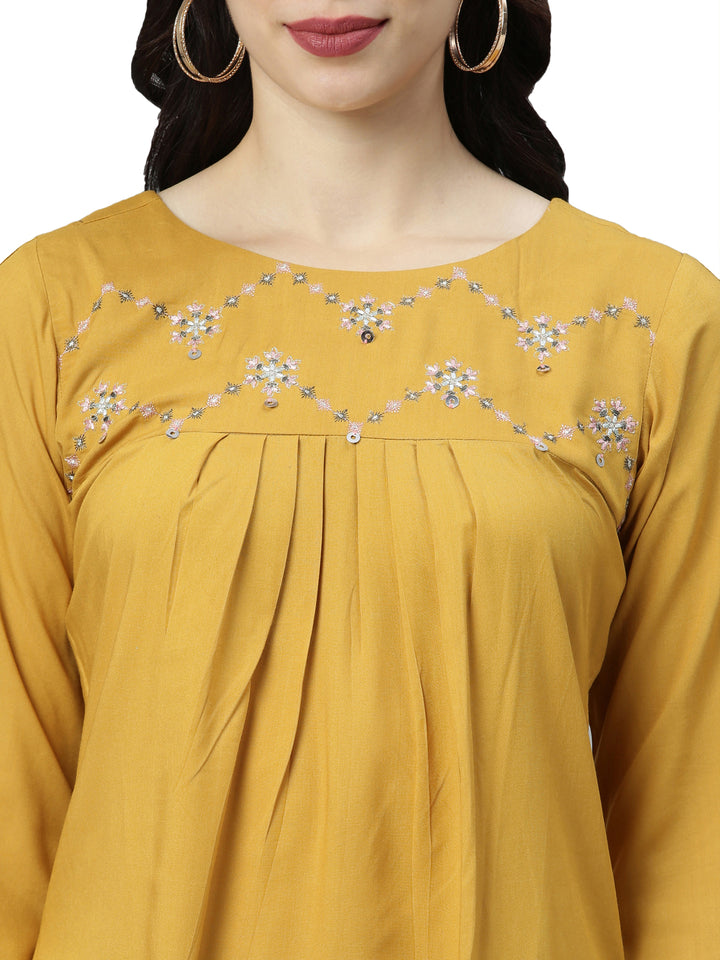 Neerus Yellow cotton embroidered kurti - side view