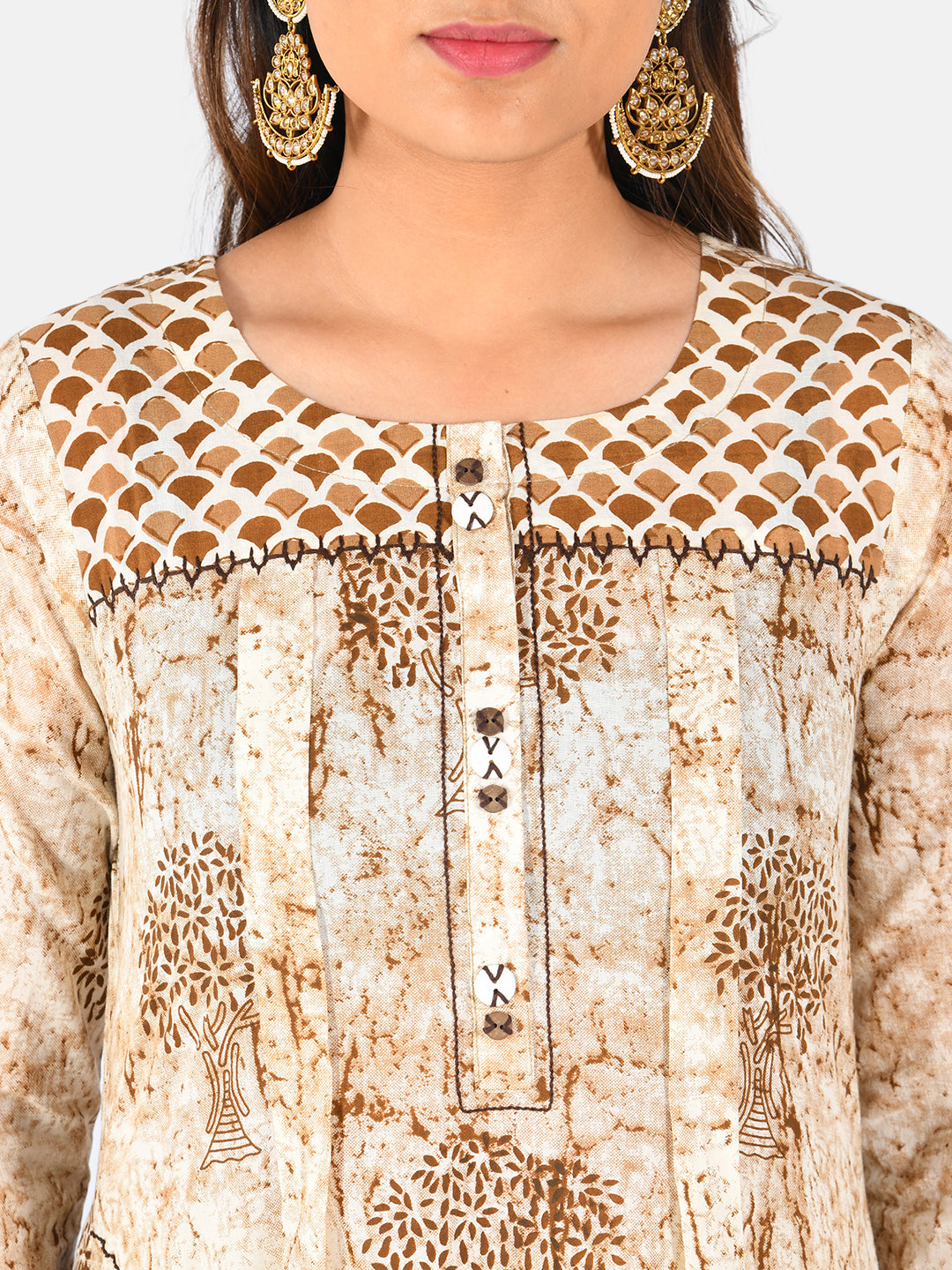 Neerus Beige printed A-line kurta - detail view 2