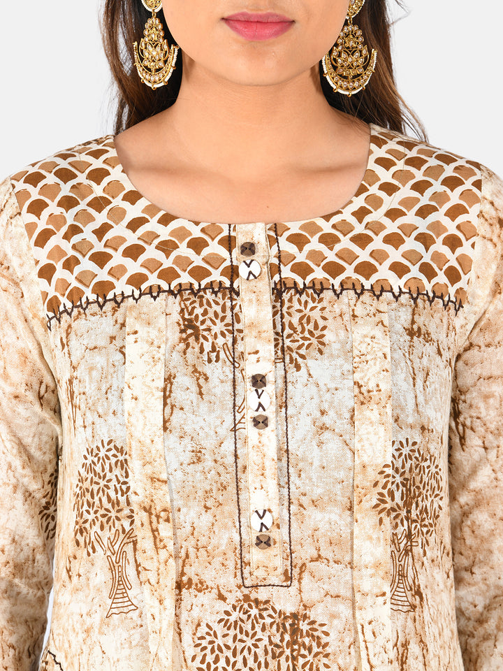 Neerus Beige printed A-line kurta - detail view 2