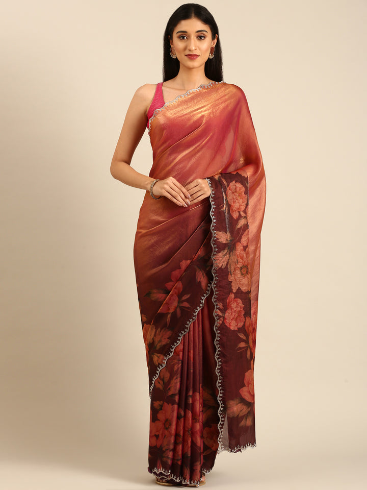 Gold & Maroon Floral Printed Jimmy Tissue Saree With Swarovski Embroidery