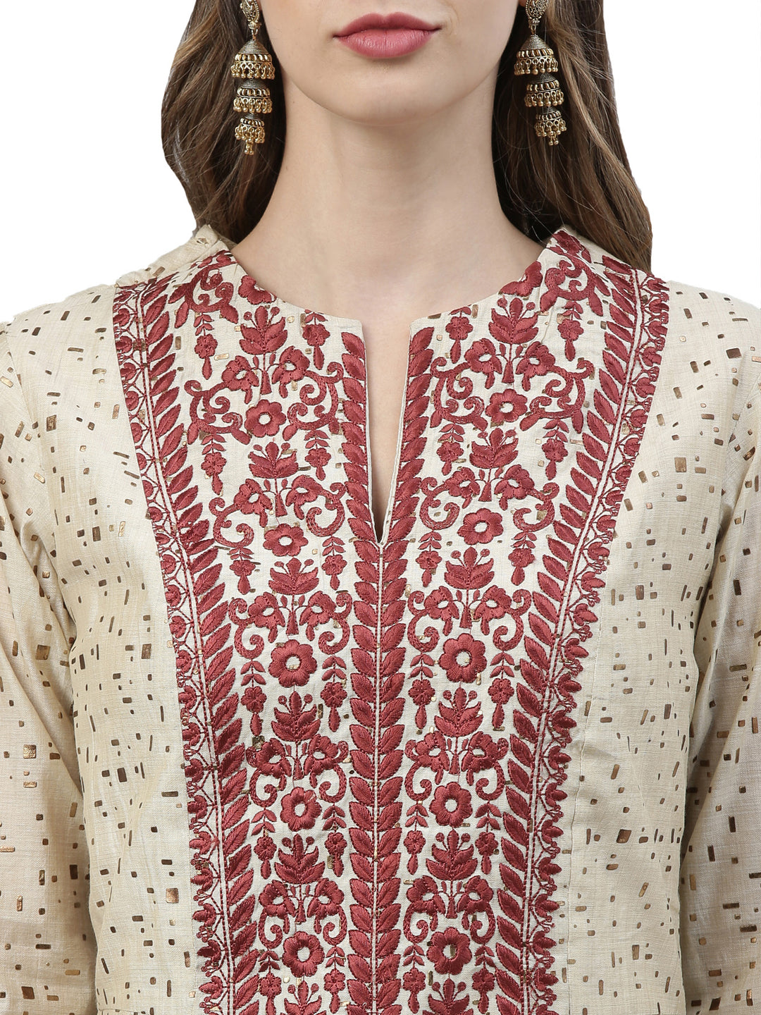Neerus Women Beige  Maroon Printed Kurta with Trousers  Dupatta