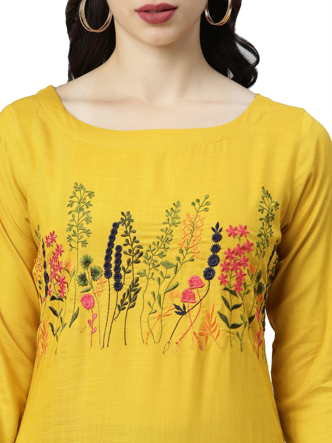 Neerus Yellow thread embroidered floral kurta - back view