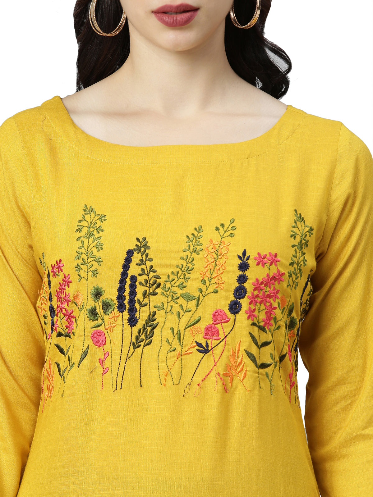 Neerus Women Mustard Floral Embroidered Thread Work Kurta