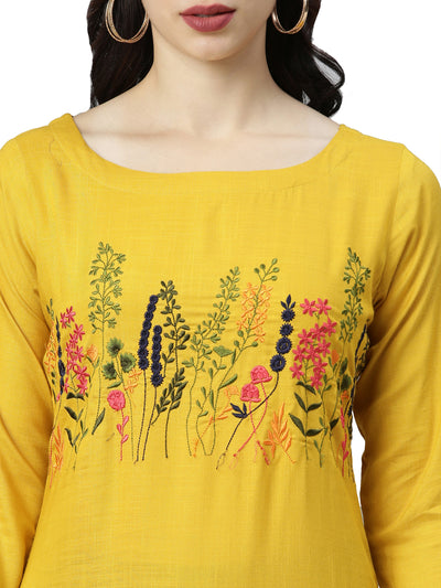Neerus Women Mustard Floral Embroidered Thread Work Kurta