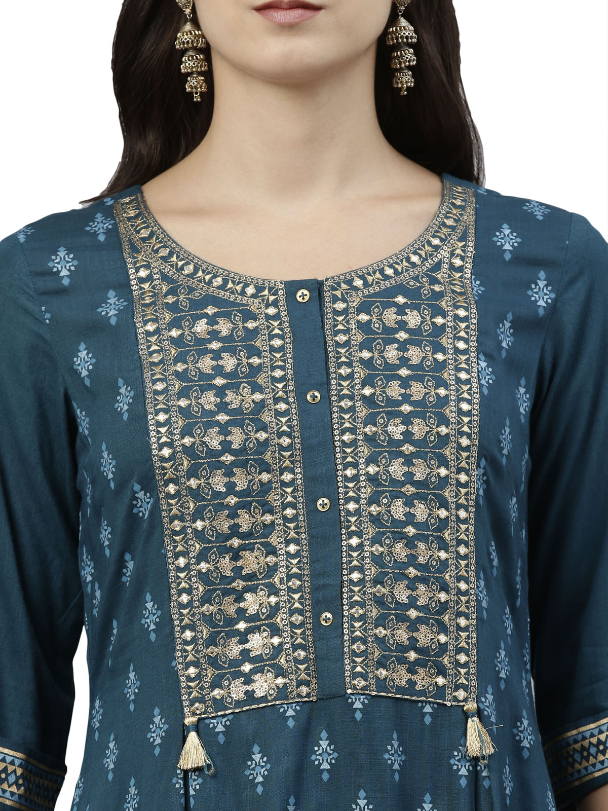 Neerus Women Blue Ethnic Motifs Printed Thread Work Kurta