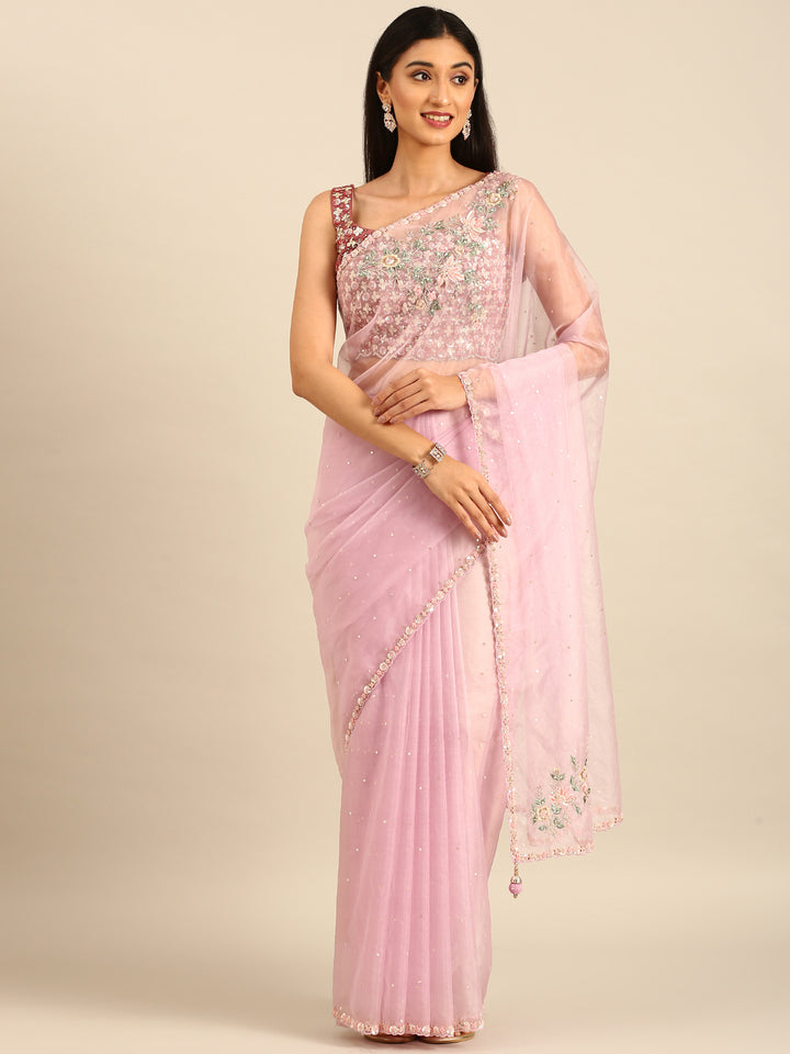 Purple Organza Saree With Hand Embroidery & Readymade Heavy Blouse Hand Embroidered