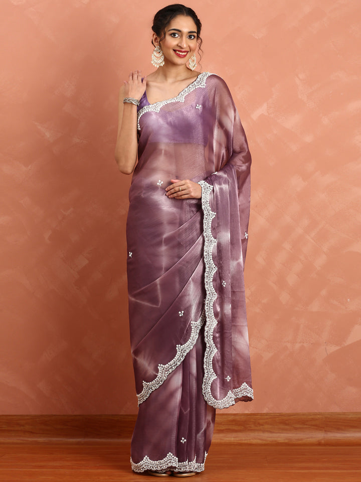 Onion pink Jimmy organza tie dye hand embroidery saree