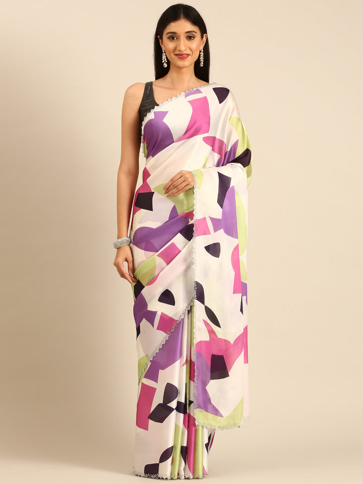 Cream & Purple Printed Satin Saree With Swarovski Embroidery