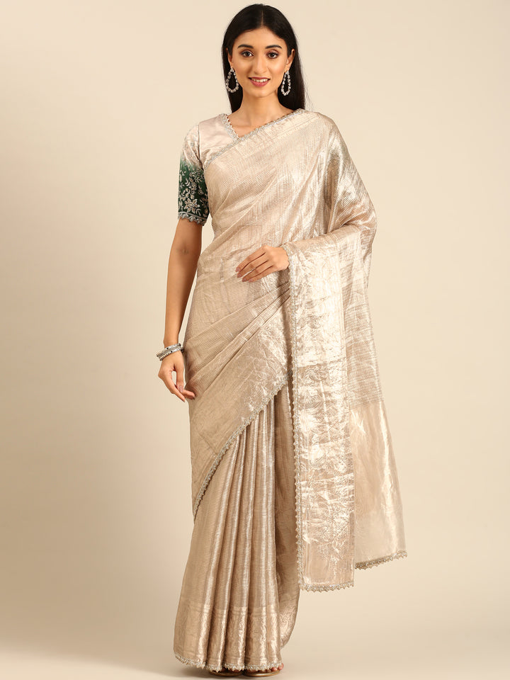 Silver Tissue Saree Silver Zari Allover Work Heavy Green Contrast Blouse Readymade Blouse