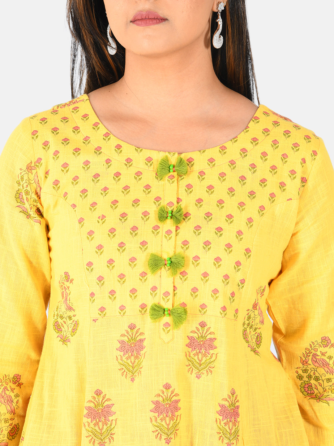 Neerus Women Mustard Yellow Printed A-Line Pure Cotton Kurti