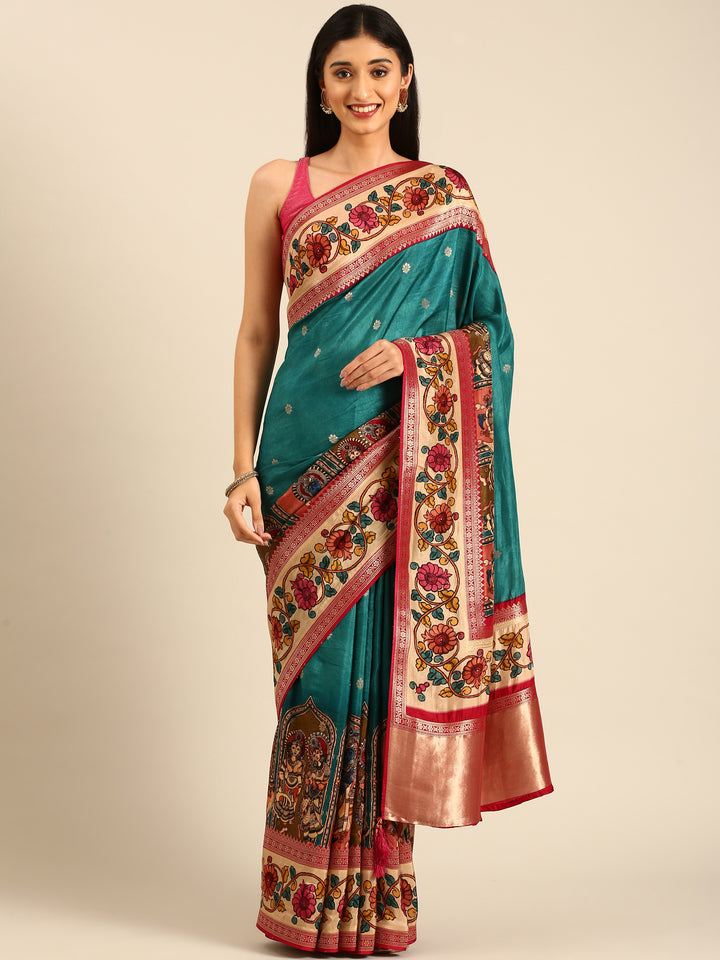 Green Banaras Silk Saree With Kalamkari Printed Border