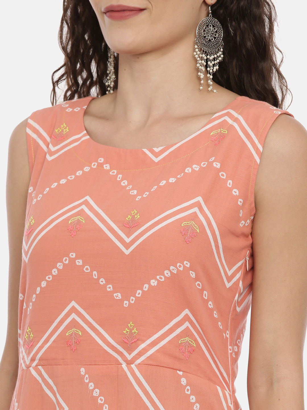 Neerus Pink printed anarkali kurta chevron - detail view 1