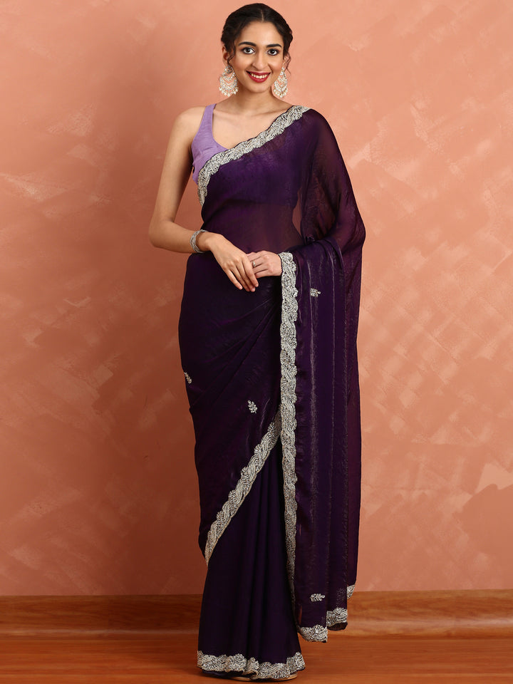 Wine Jimmy Sheer Satin Saree With Hand Embroidery Saree