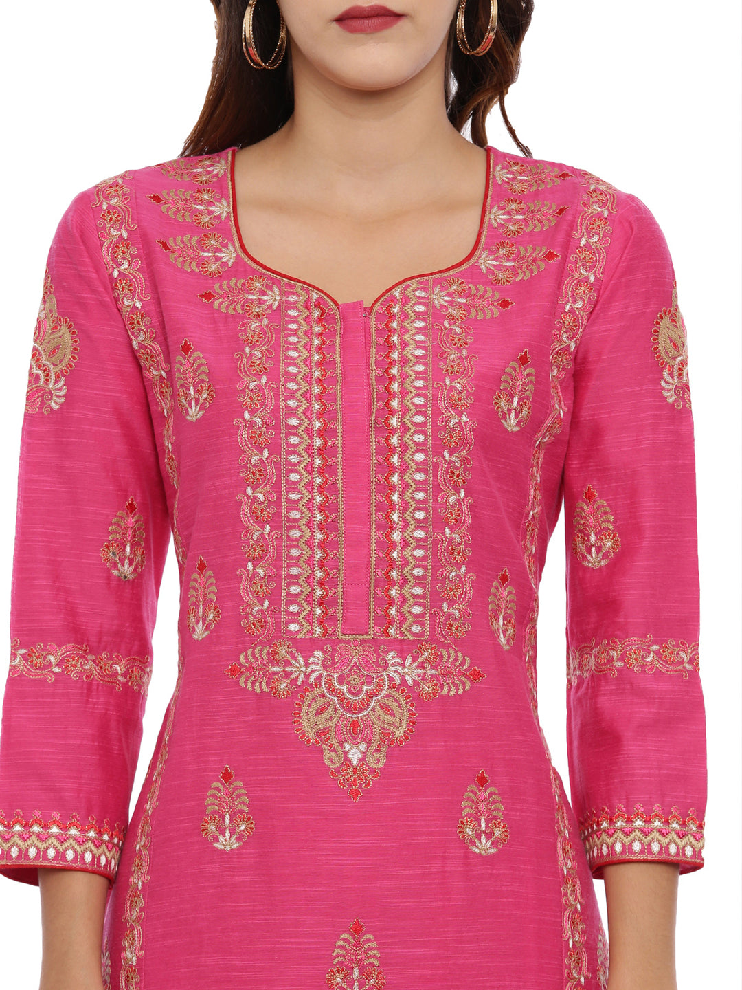 Neerus Pink embroidered suit set with churidar and dupatta - detail view 1