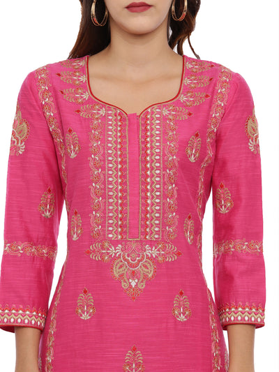 Neerus Women Pink Embroidered Kurta with Churidar and Dupatta