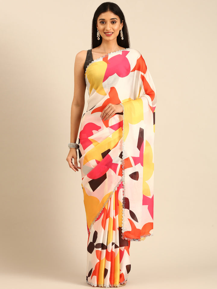 Printed satin saree with Swarovski border