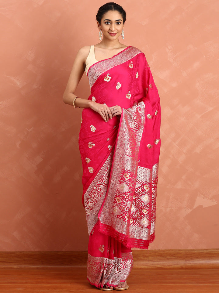 Pink banaras silk saree with silver motifs