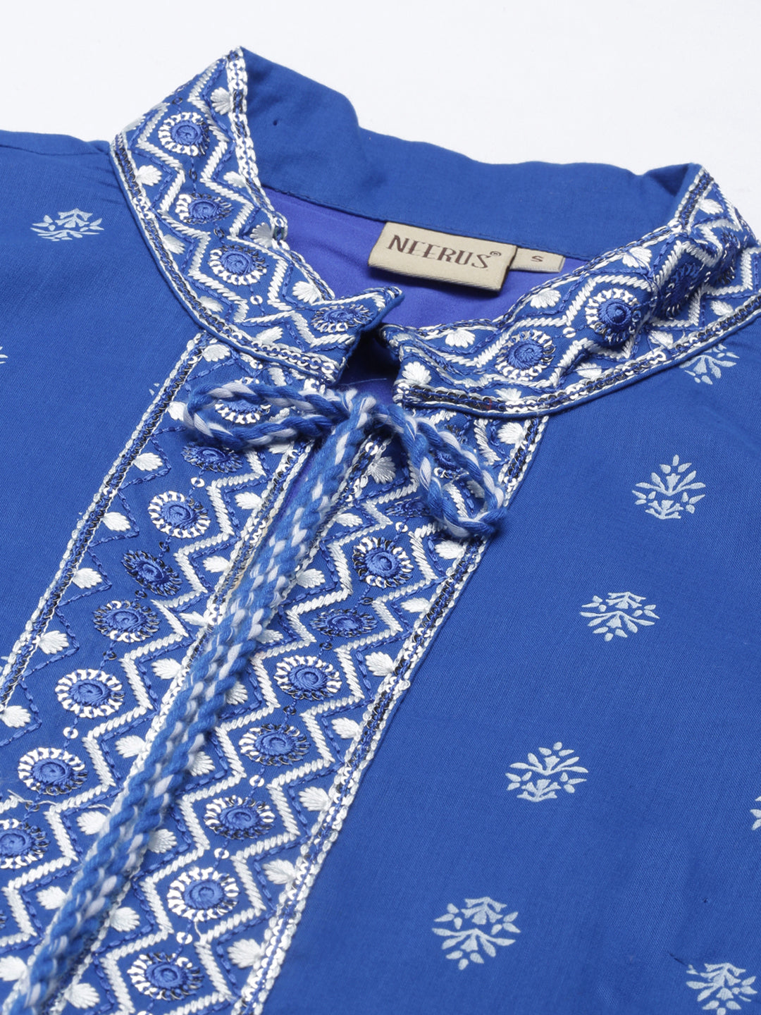 Neerus Women Blue Ethnic Motifs Embroidered Thread Work Cotton Anarkali Kurta