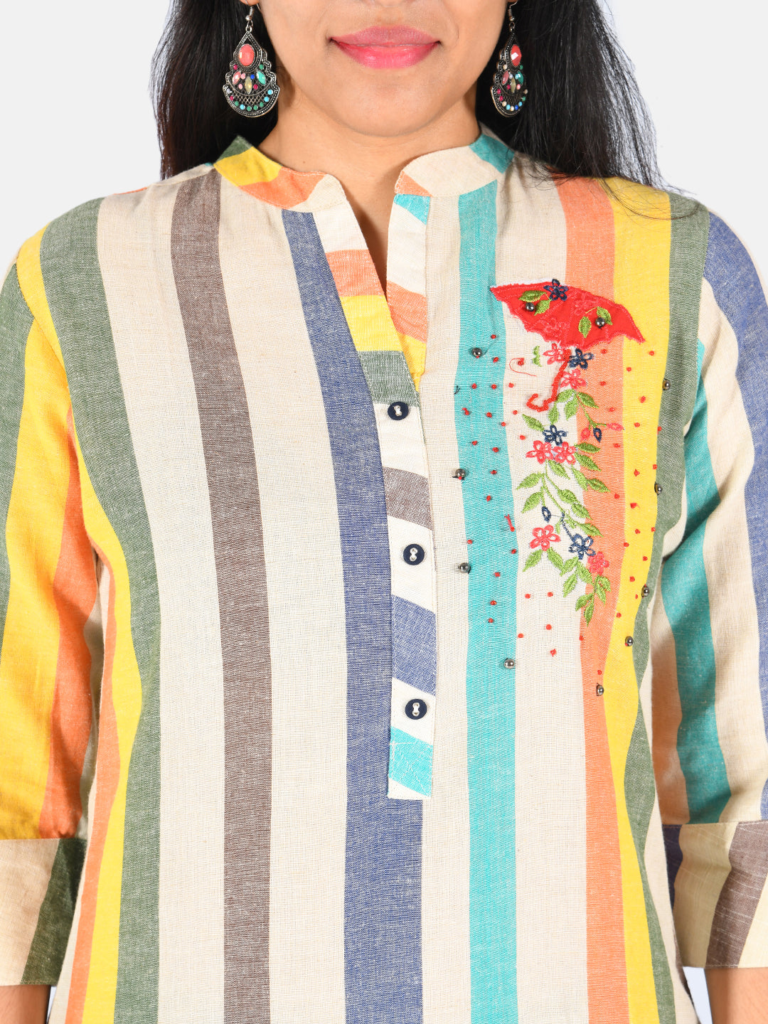 Neerus Multi rayon striped printed straight kurti - back view