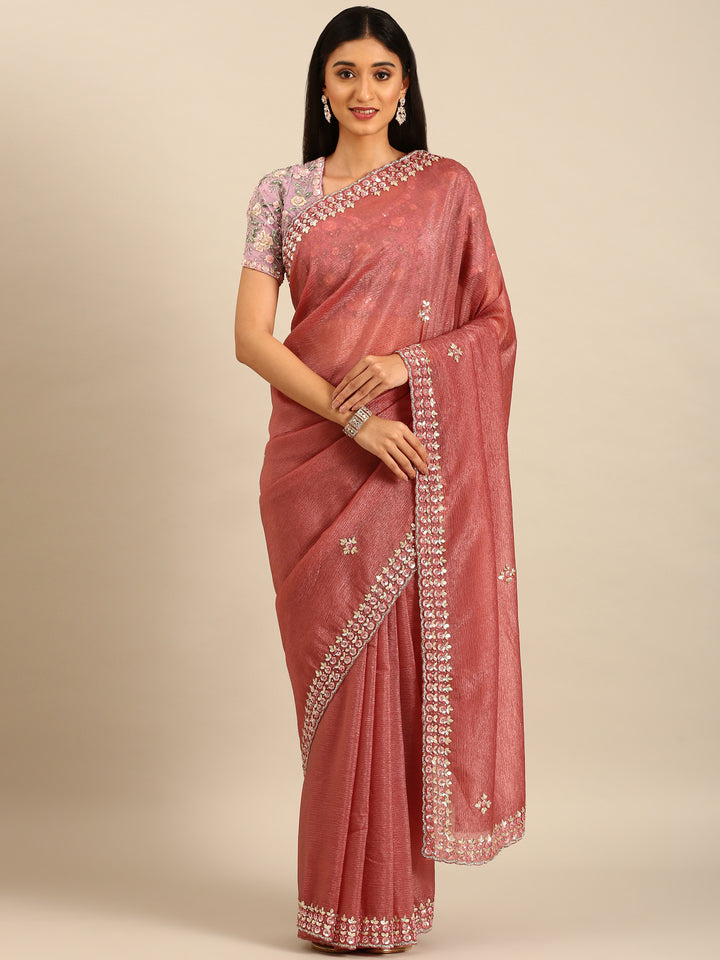 Onion pink Jimmy crushed tissue saree with pearls & sequins embroidery with heavy ready made blouse