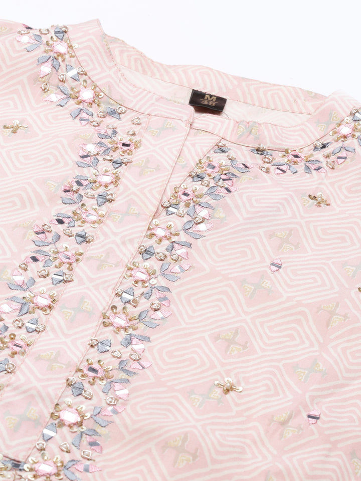 Neerus Women Pink Ethnic Motifs Printed Mirror Work Kurti with Trousers