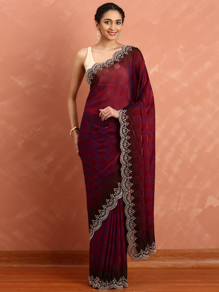 Maroon jacquard satin organza saree with hand embroidery