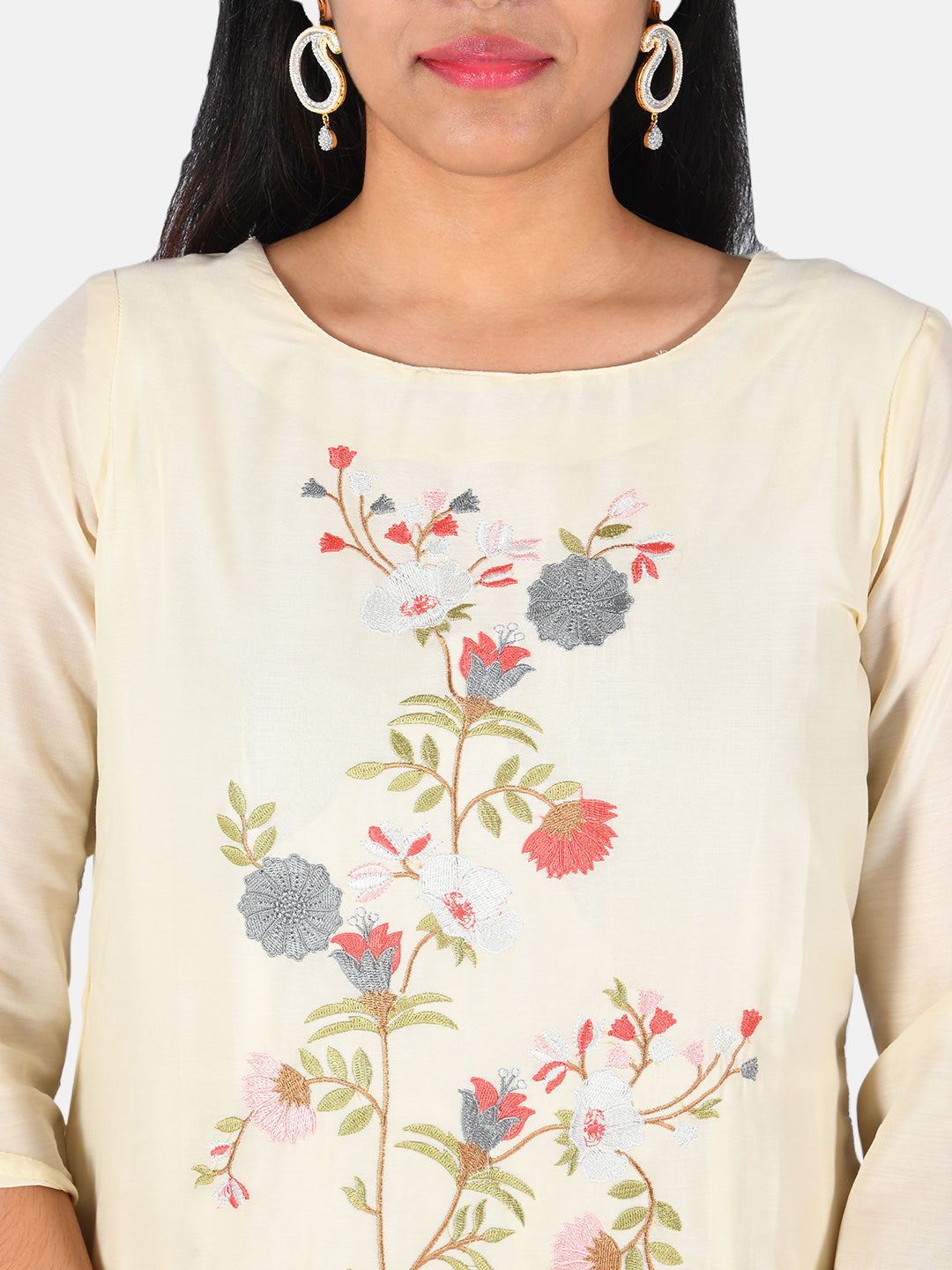 Neerus Women Cream-Coloured Embroidered Kurta with Sharara