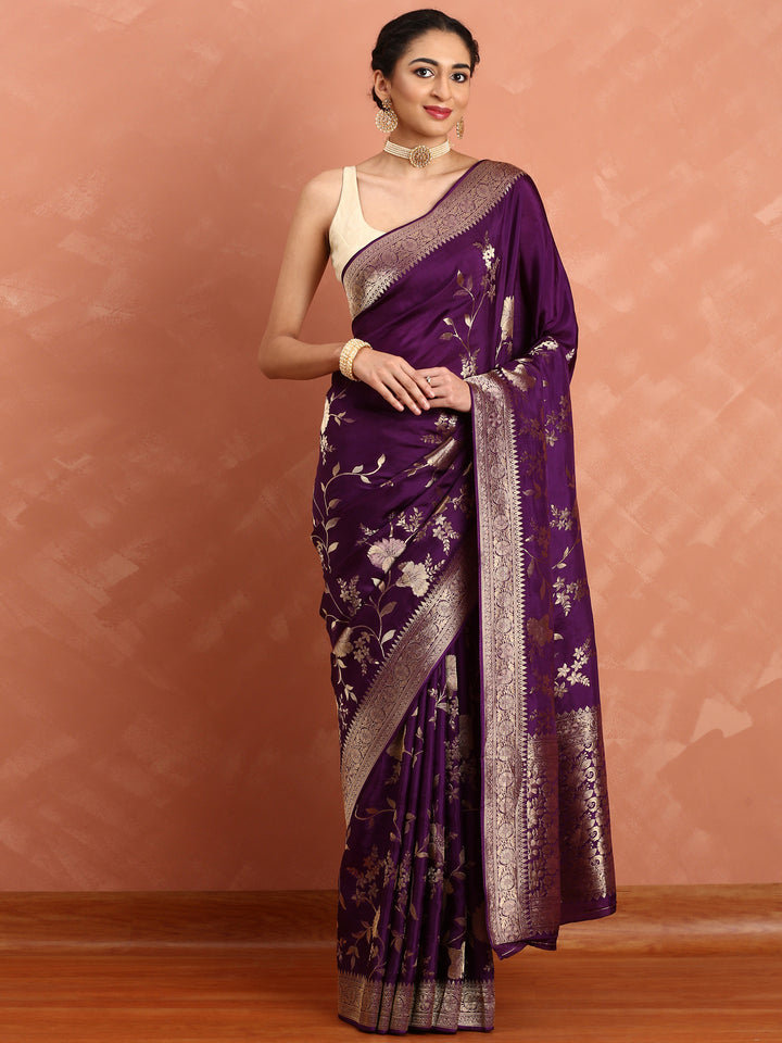 Wine banaras silk saree with gold motifs