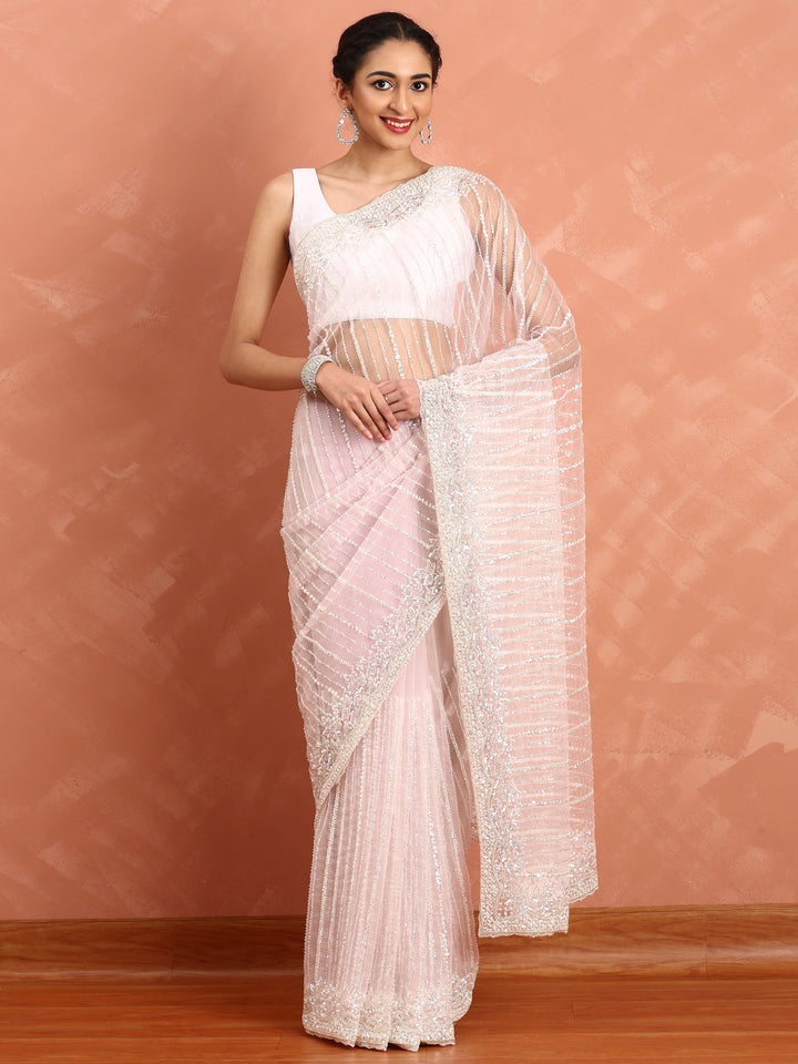 Baby pink net saree with cut Dana hand embroidery