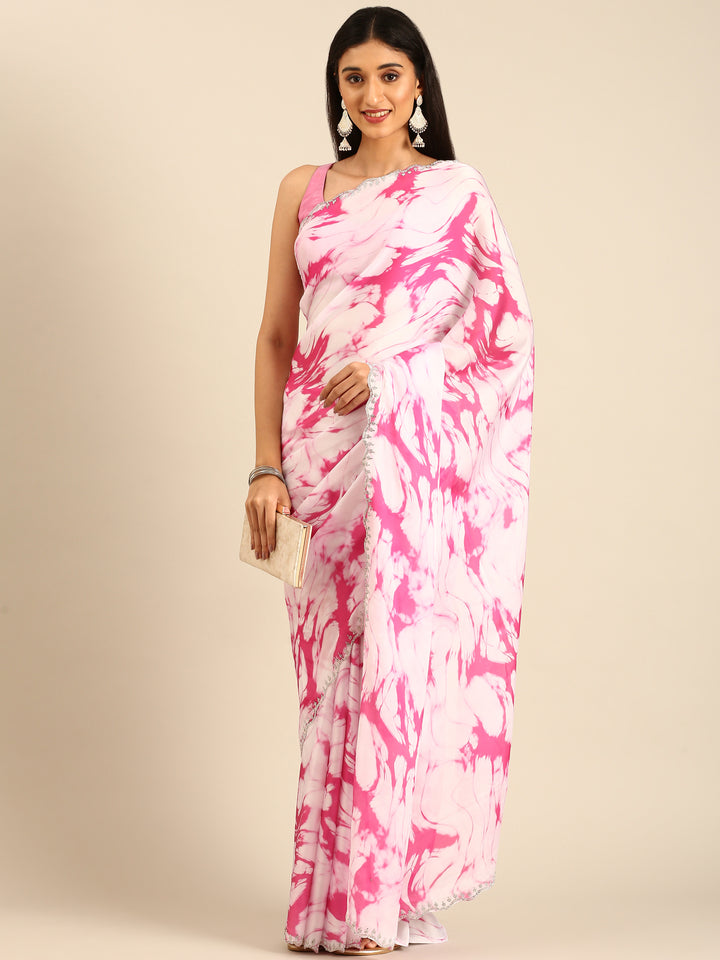 Pink & white printed satin saree with Swarovski embroidery