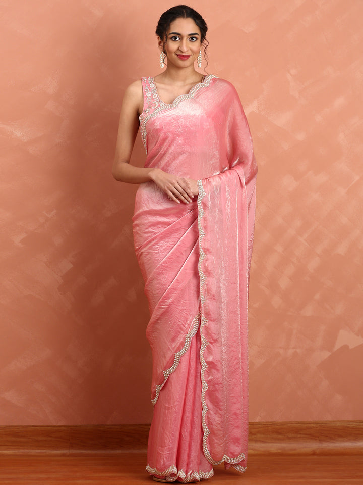 Pink Jimmy tissue saree with pearl & cut Dana embroidery with ready made blouse