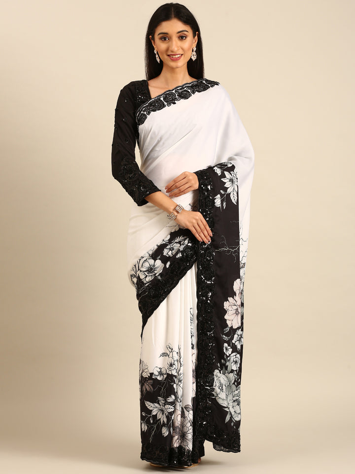 Black & White Satin Printed Saree With Hand Embroidery & Readymade Blouse