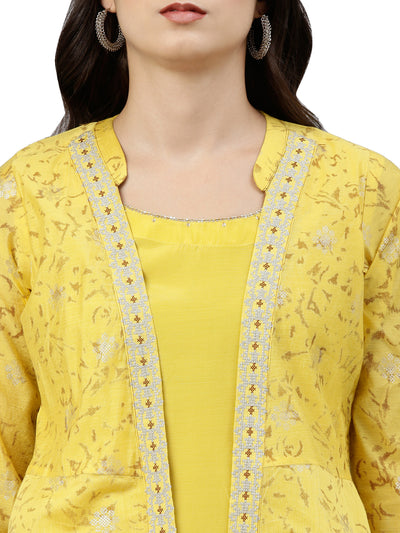 Neerus Women Yellow  Gold-Toned Printed Thread Work Anarkali Kurta