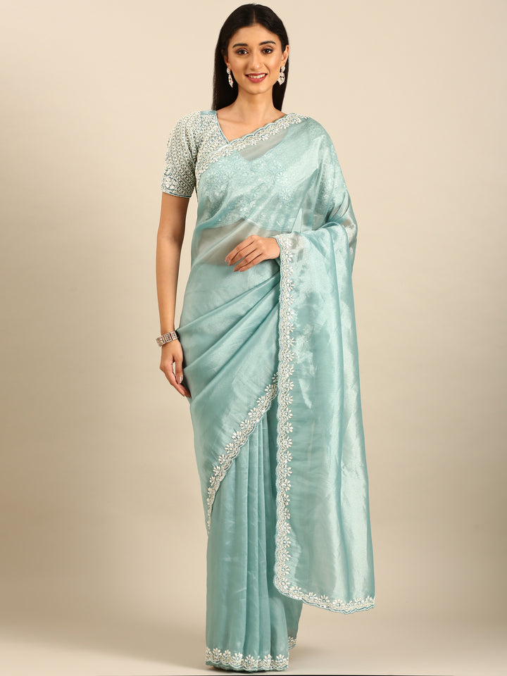 Sky blue Jimmy tissue saree with pearls & beads embroidery with heavy ready made blouse