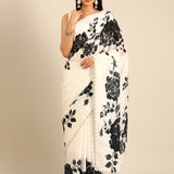 Black & White Floral Printed Satin Saree With Swarovski Embroidery