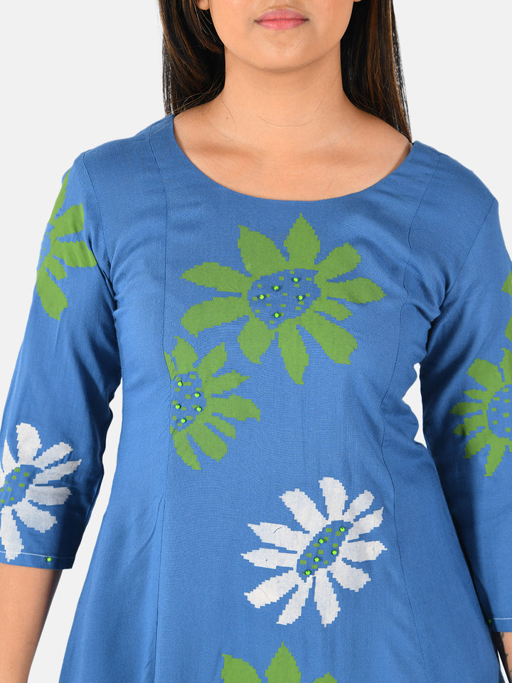 Neerus Blue floral printed beaded kurta - detail view 1