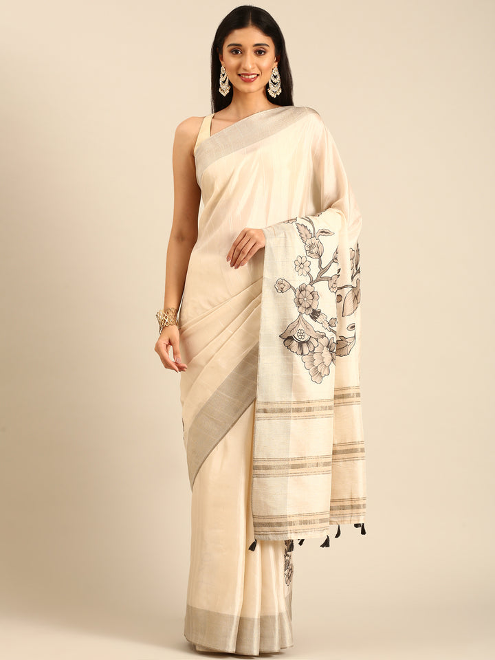 Cream Natural Dupion Saree With Floral Print
