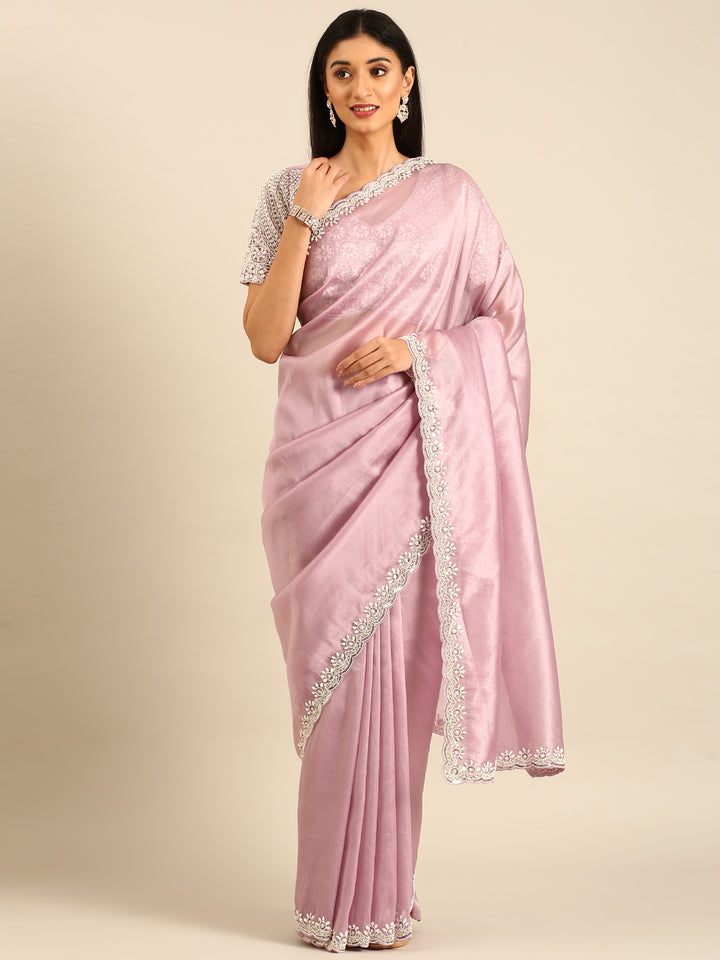 Lavender Jimmy Tissue Saree With Pearls & Beads Embroidery With Heavy Readymade Blouse