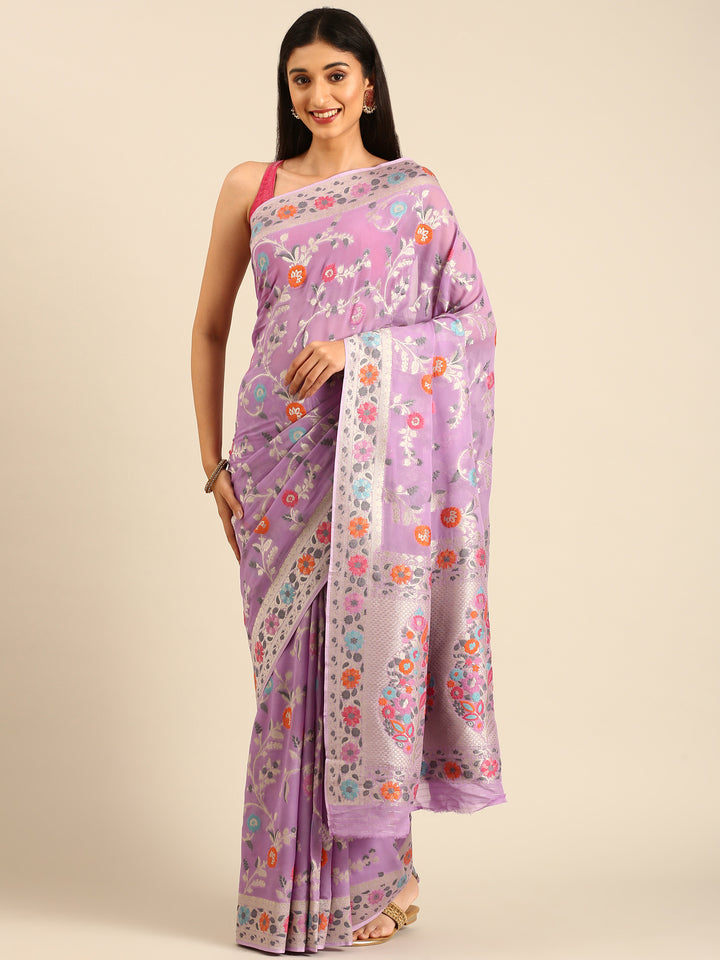 Purple Banarasi Silk Saree With Meenakari Border & Motifs