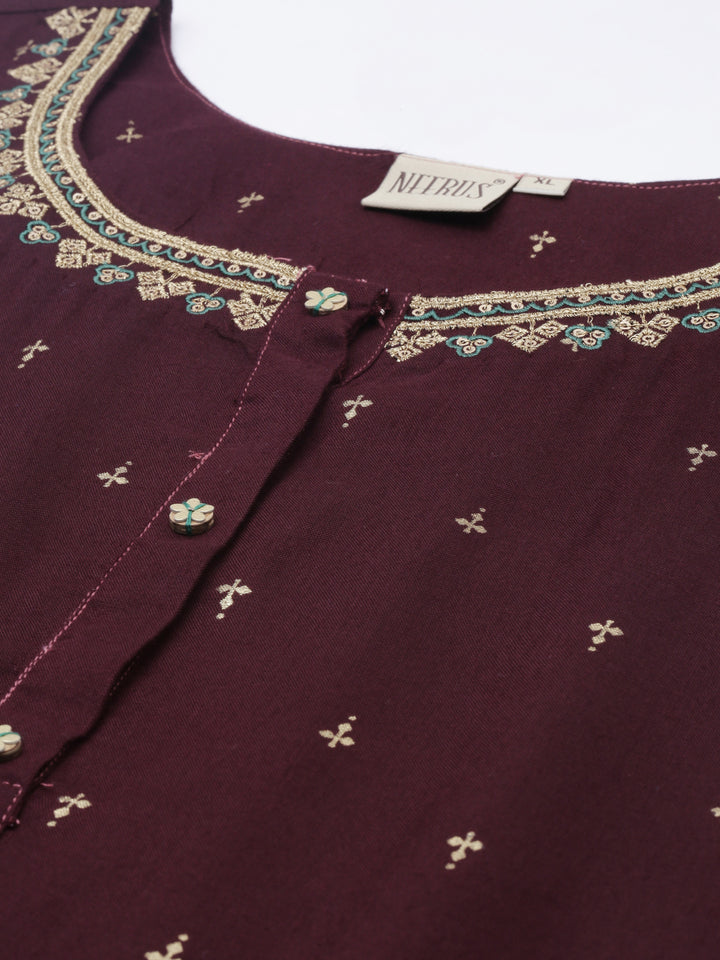 Neerus Brown ethnic printed straight kurta - detail view 1